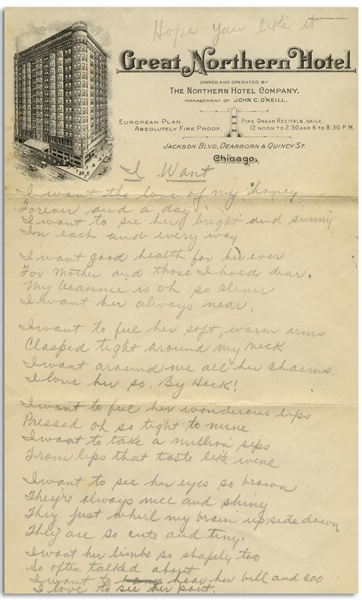 Moe Howard Handwritten Love Poem to His Wife Helen Entitled ''I Want'' & Signed ''Mosey'' -- From the 1930s on Chicago Hotel Stationery -- 2pp. on Two 6'' x 9.5'' Sheets, Very Good